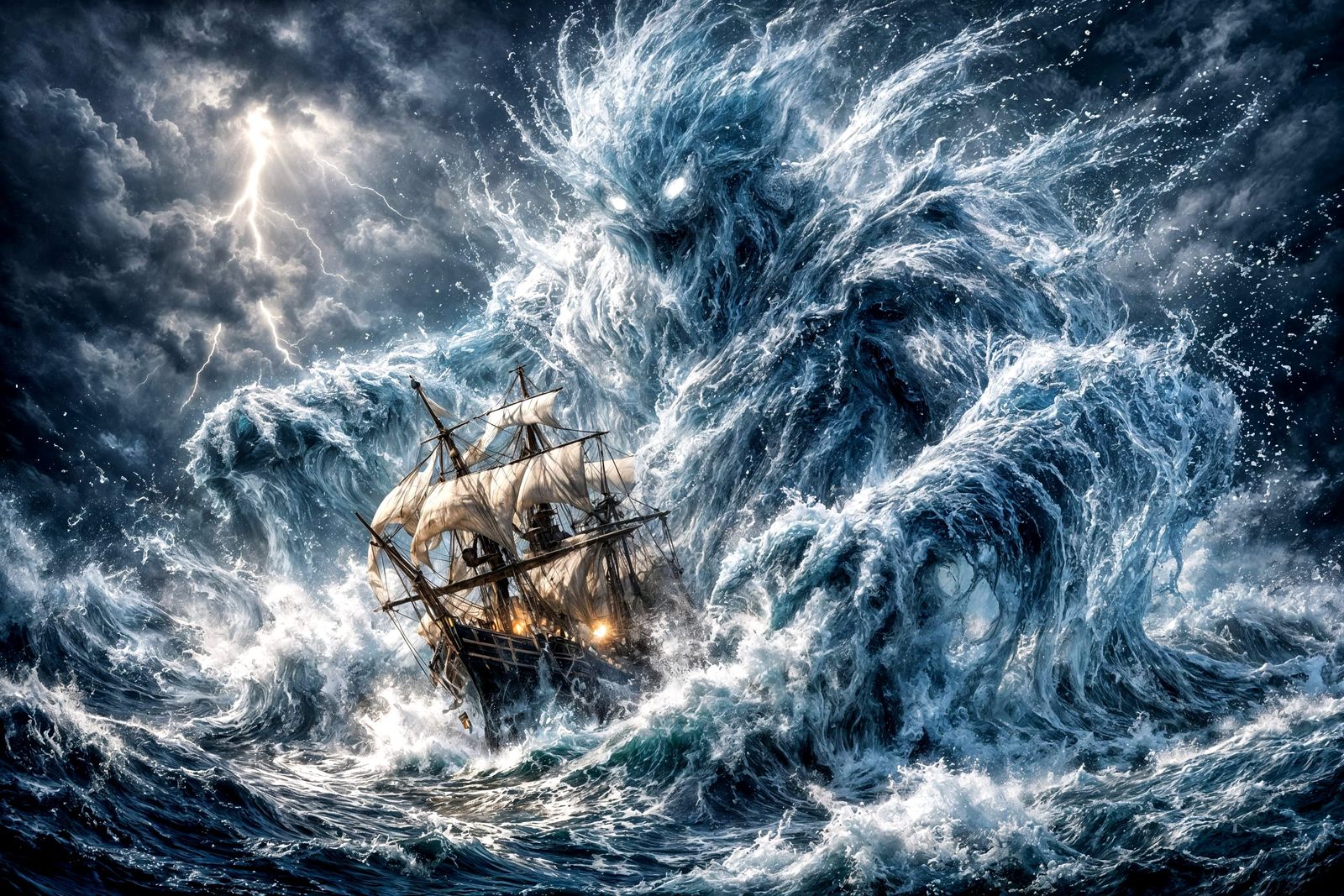 Surreal Water Elemental Engulfs Ship in Storm