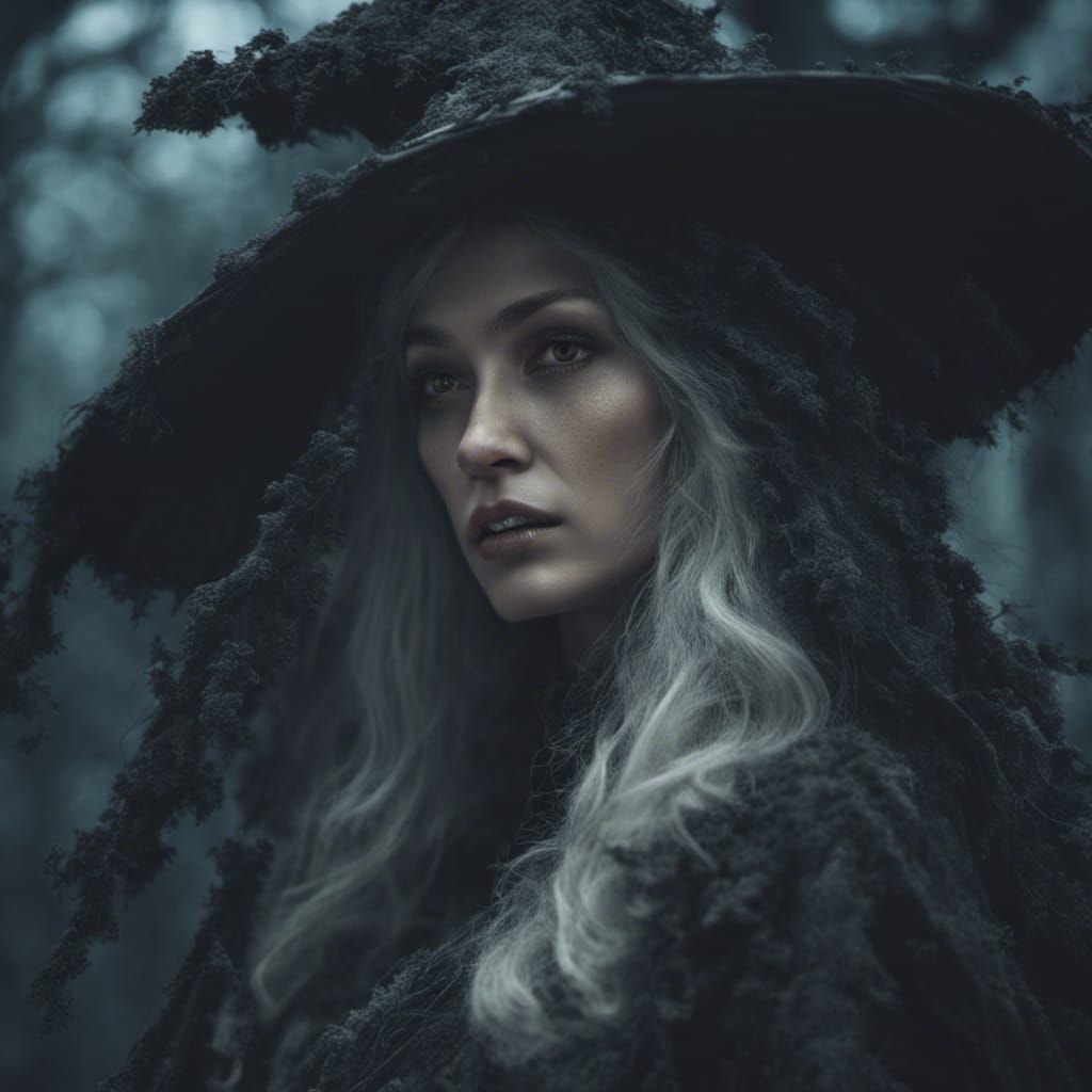 Gorgeous Witch in Dark Forest Under Full Moon