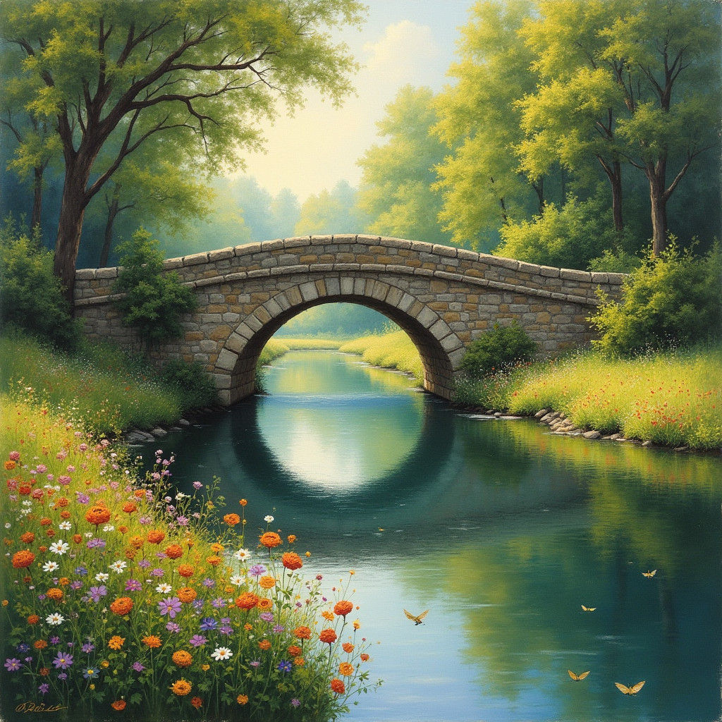 Impressionistic Stone Bridge Over River, Oil Painting