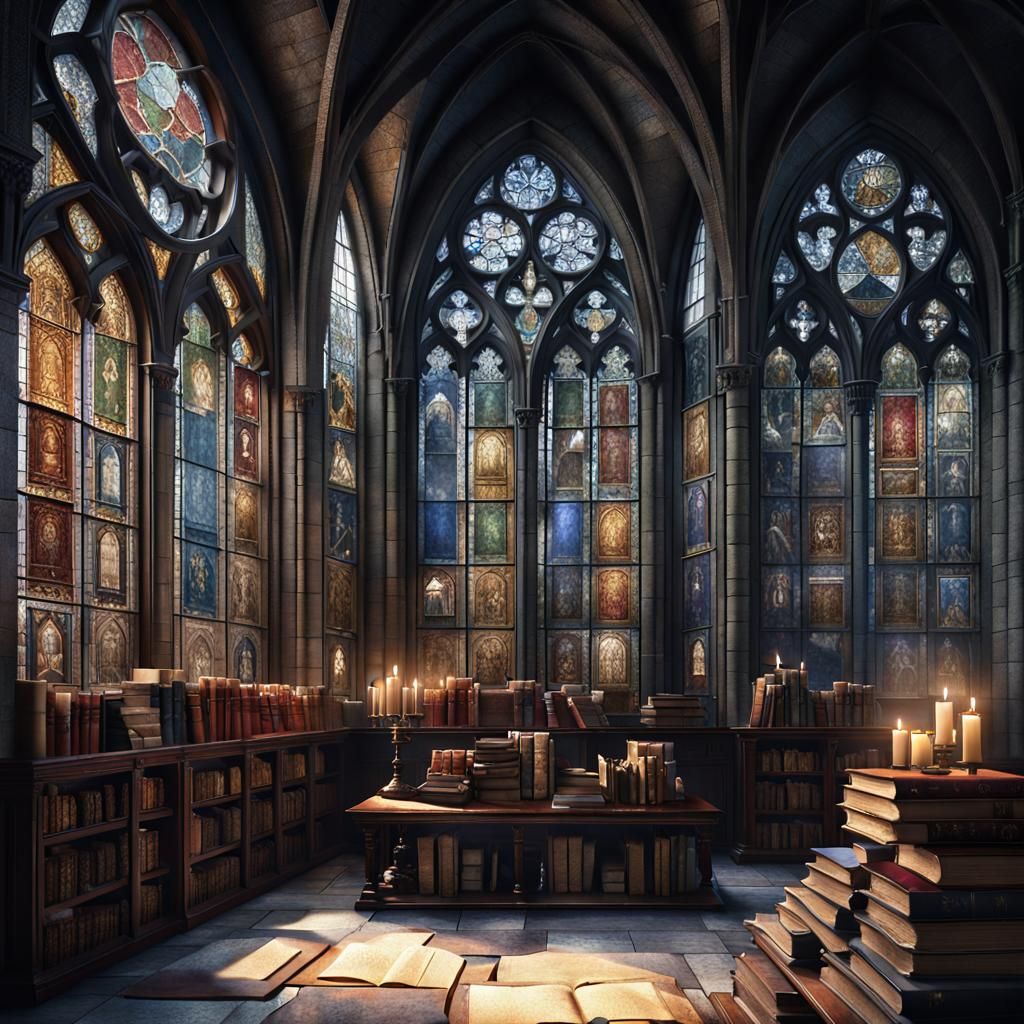 Medieval Gothic Library with Stained Glass Window
