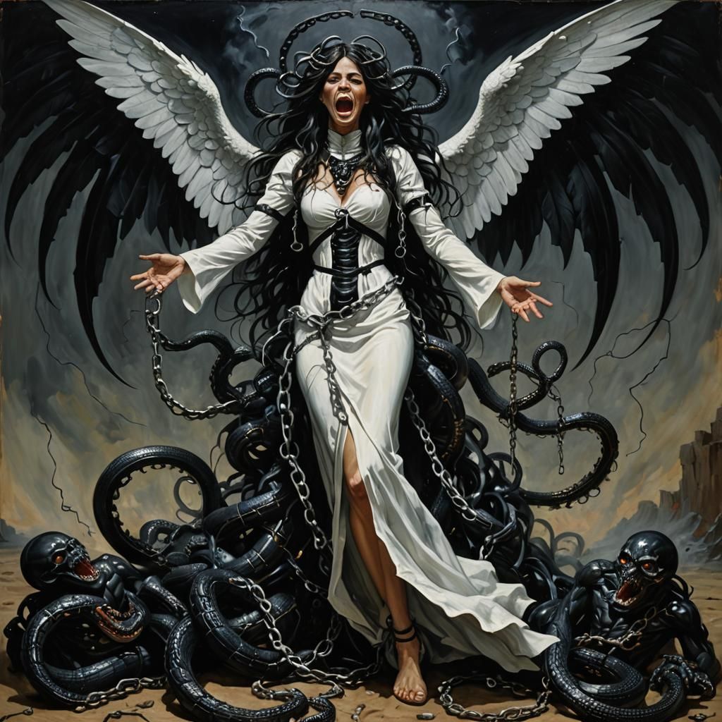 Angel Dragged into Abyss: Dark Oil Painting