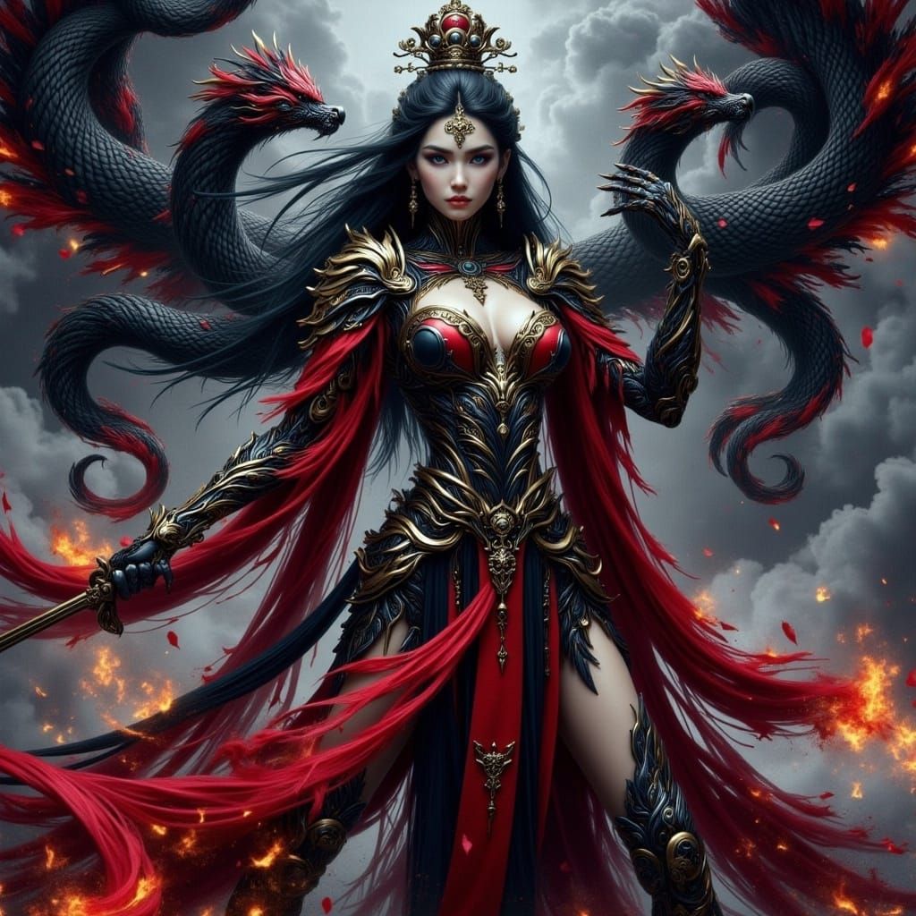 Triumphant China-Themed Supervillainess on Battlefield