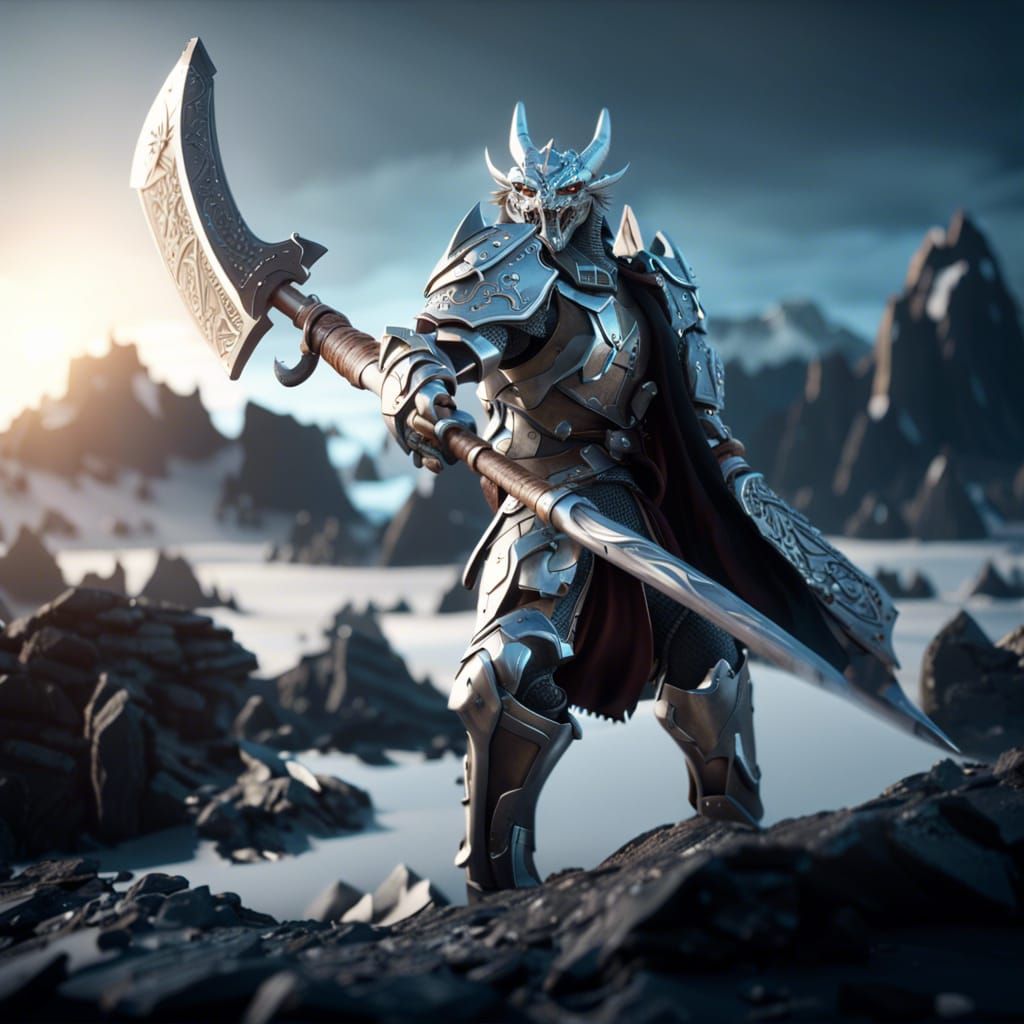 Futuristic Dragonborn Warrior with Magic Axe