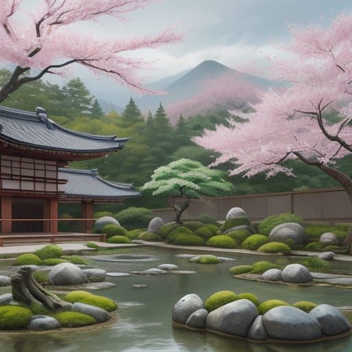 Muscular Man Meditating in Japanese Zen Garden