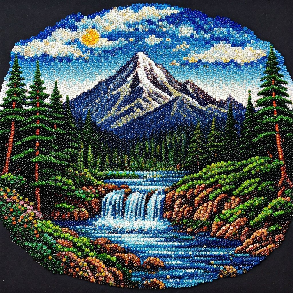 Vibrant Beadwork Mosaic of Mountain Landscape in Surreal Sty...