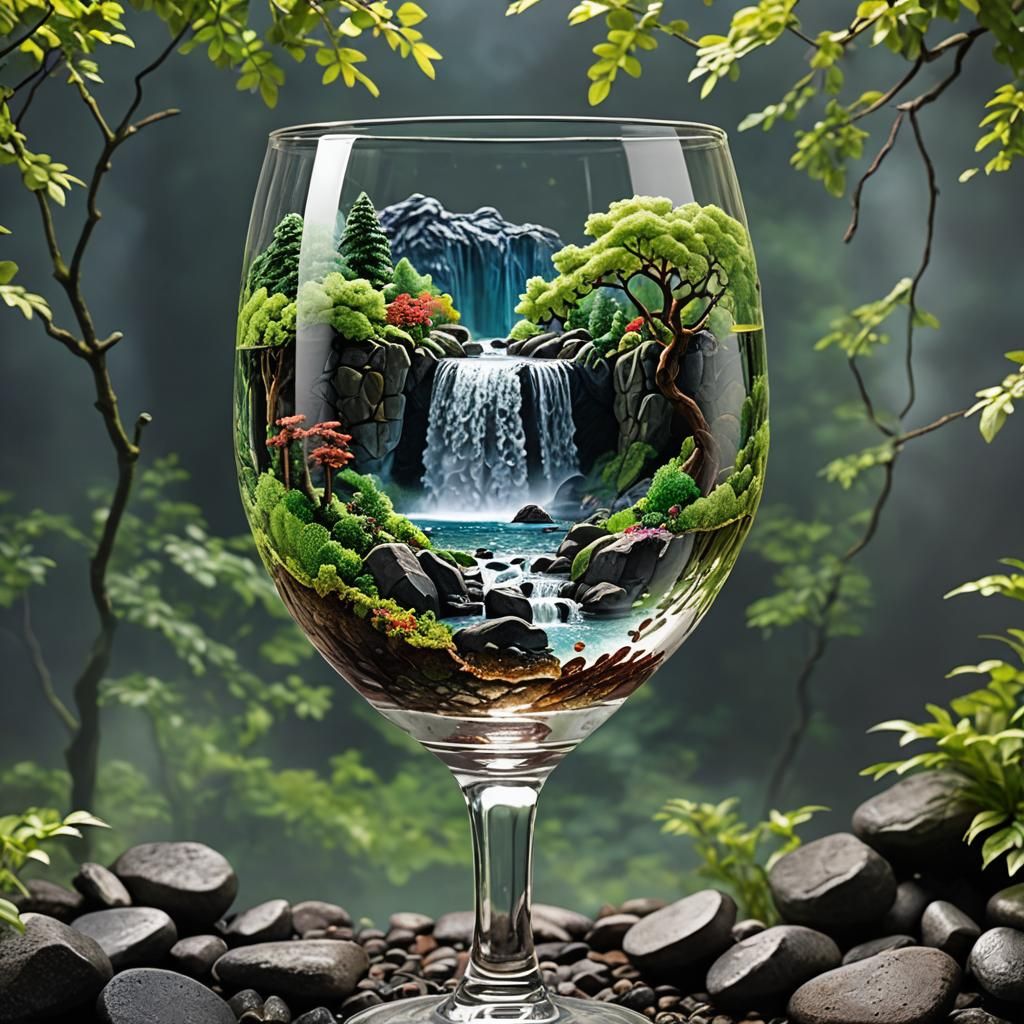 Miniature Landscape Inside Clear Wine Glass