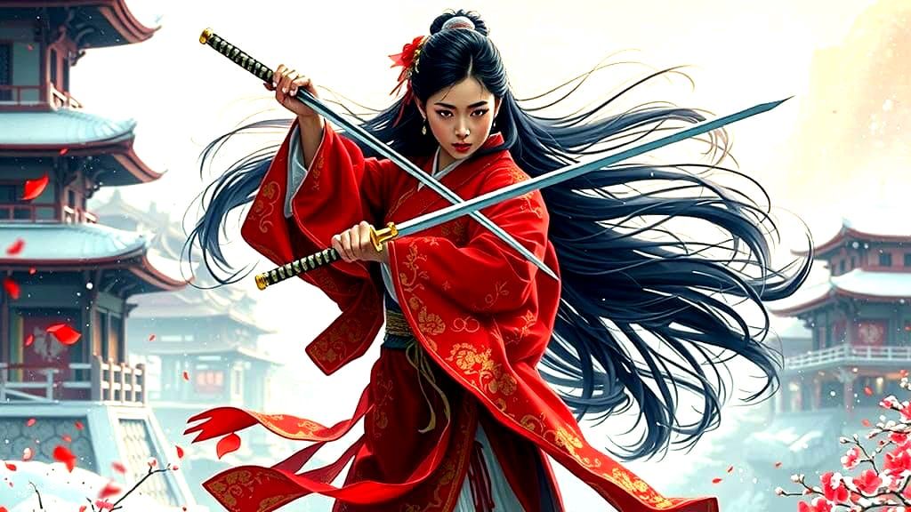 Desperate Samurai Love in Snowy Neo-Impressionist Cityscape