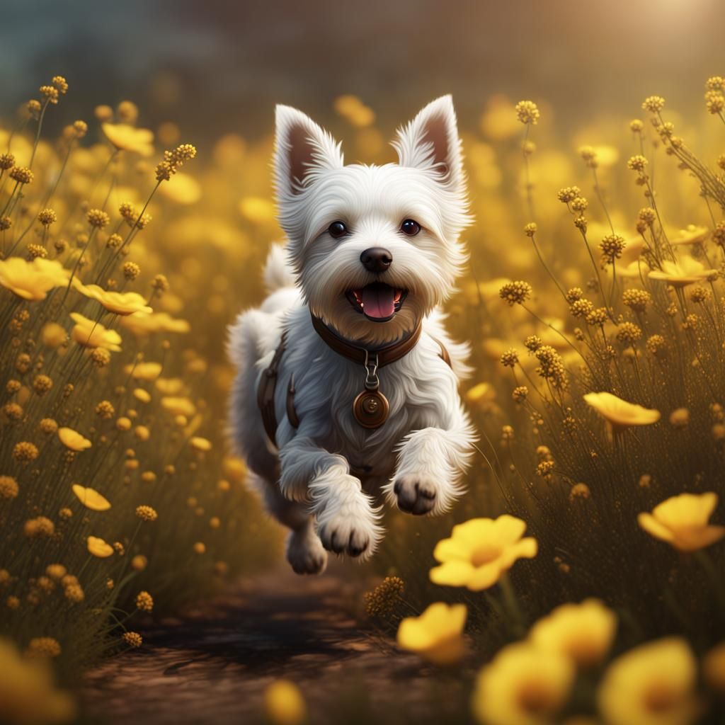 Dog Running Through Field of Yellow Flowers