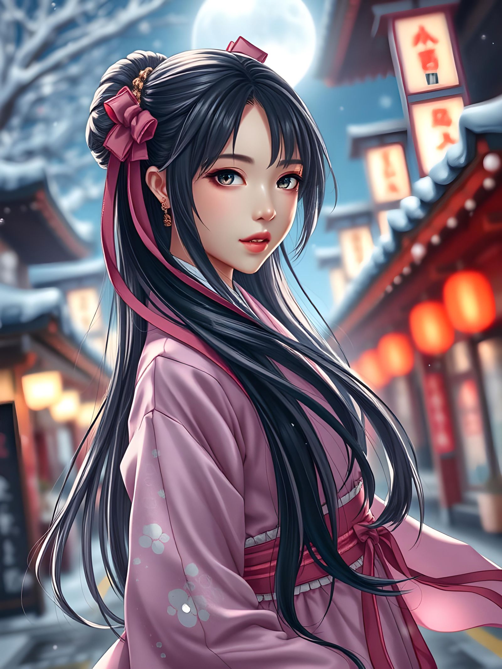 Nezuko Kamado in Kimono on Snowy Night