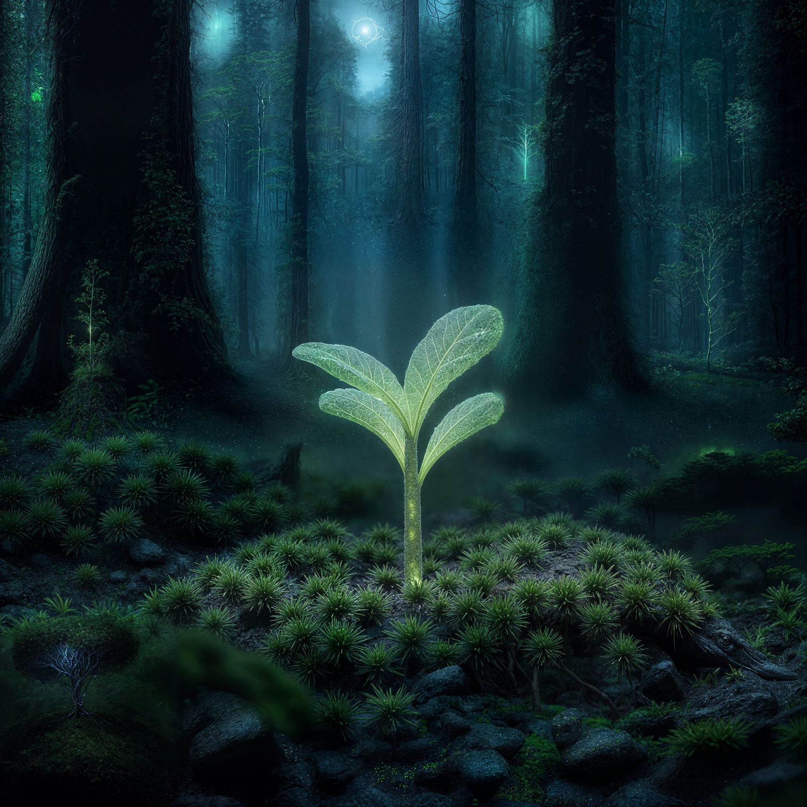 glowing plant in a dark forest