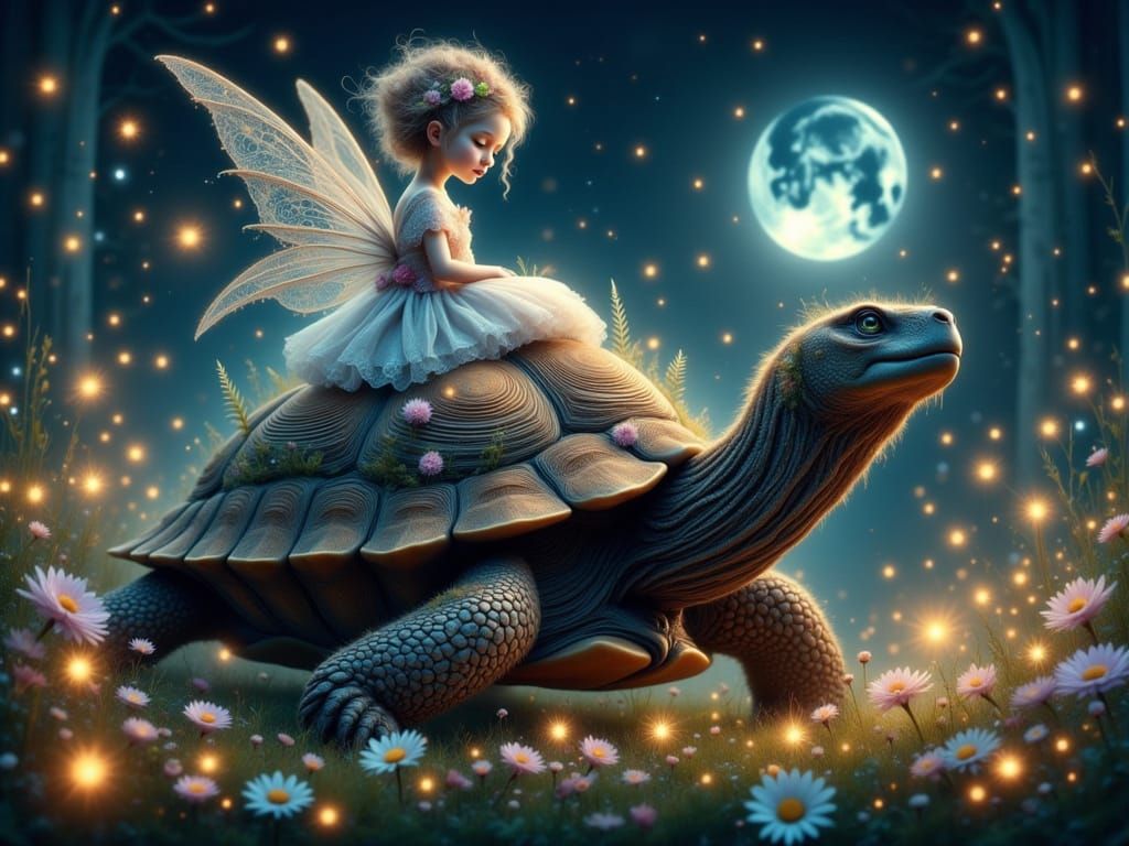 Whimsical Moonlit Garden Scene with Fairy Princess and Torto...