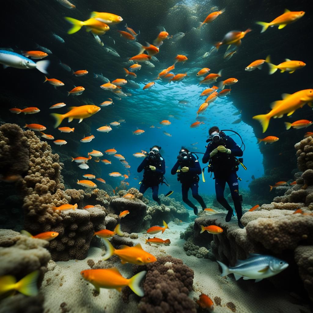 Underwater Kiss: Divers Surrounded by Fish