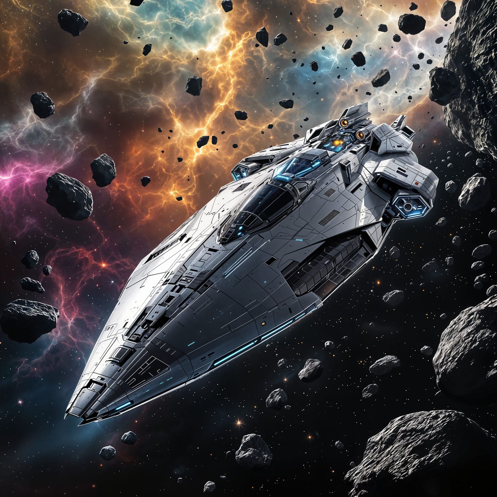 Sleek Spaceship Navigates Asteroid Field in Futuristic Splas...