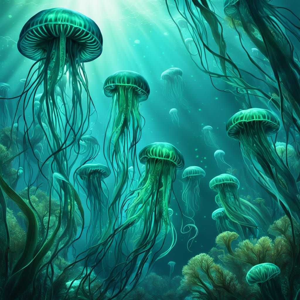 Bioluminescent Jellyfish in Kelp Forest Digital Art