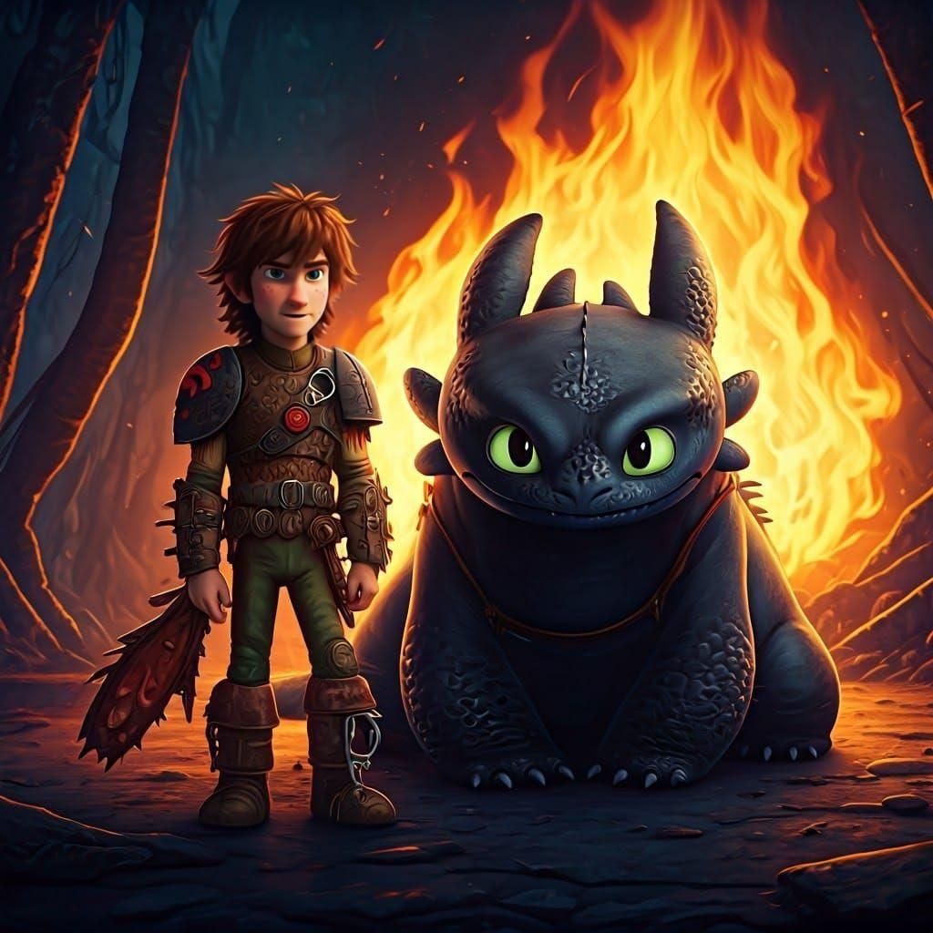 Hiccup and Toothless in a Fantasy Scene
