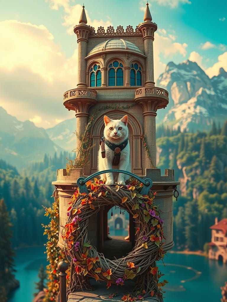 A mystical floating stone castle with ornate stained-glass towers in hues of sapphire and emerald, ascending above a lum...