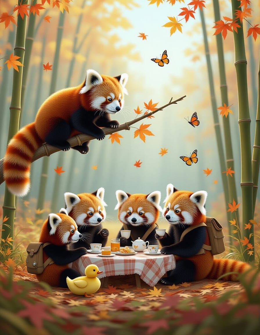 Vibrant Red Pandas in a Sunny Meadow