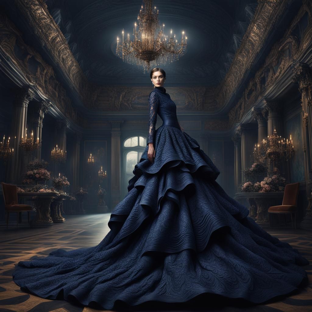 Fashion Model in Flowing Indigo Dress: Digital Art