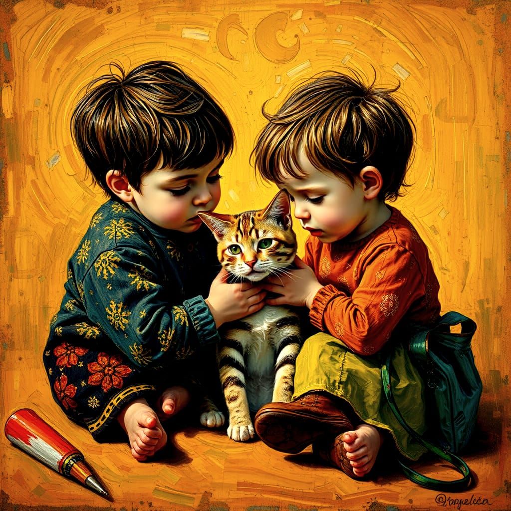 Children with Cat in Whimsical Brushstrokes