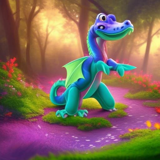 Cartoon Baby Dragon in Flower Forest: Pixar Style