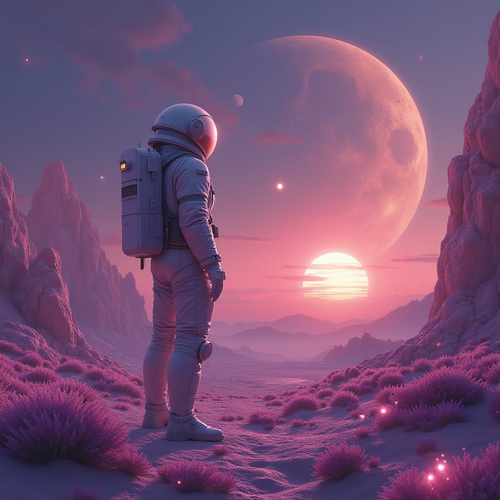 Astronaut on Amethyst Planet at Binary Sunset