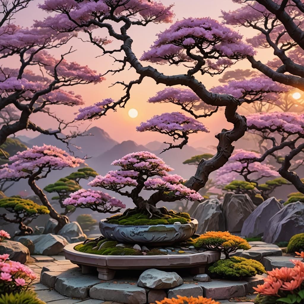 Hyperrealistic Bonsai Garden at Sunset in Pastel Shades