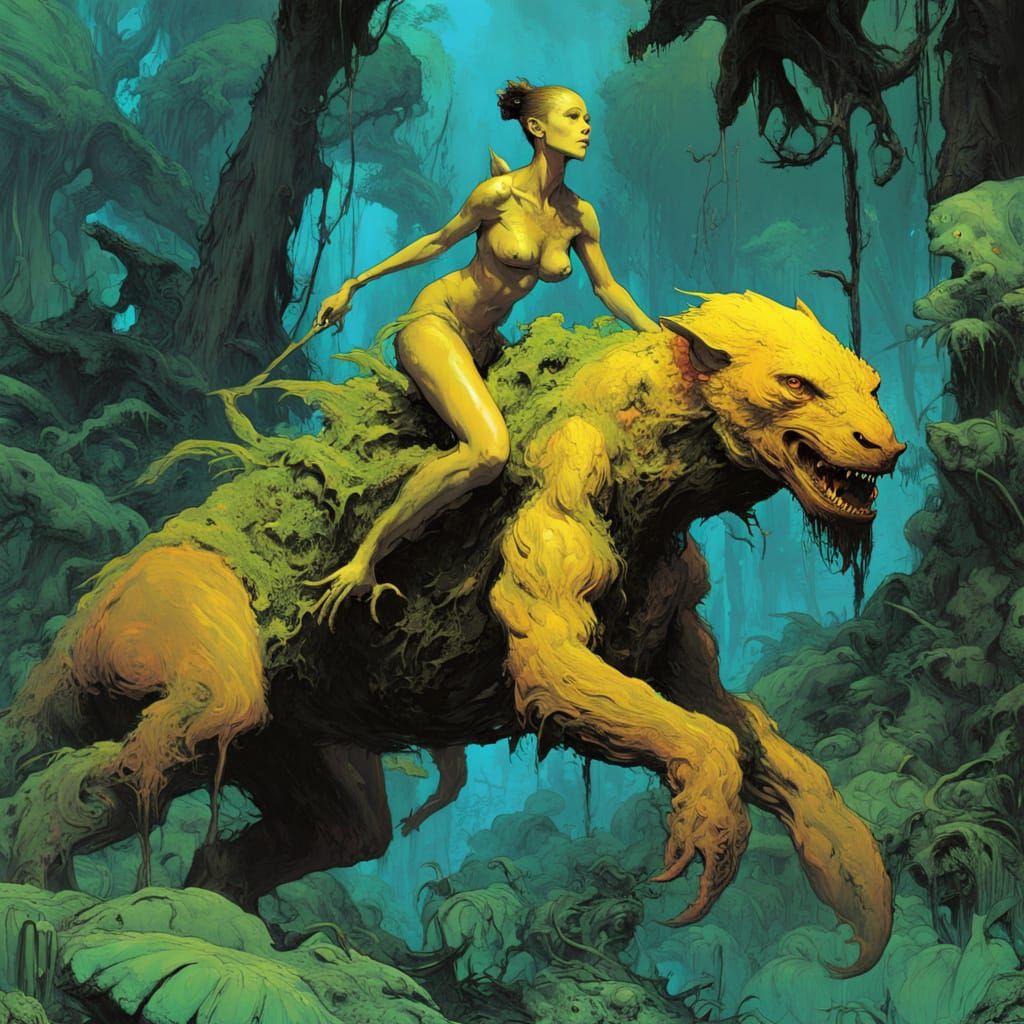 Surreal Amazon Warrior Rides Glowing Behemoth in Otherworldl...