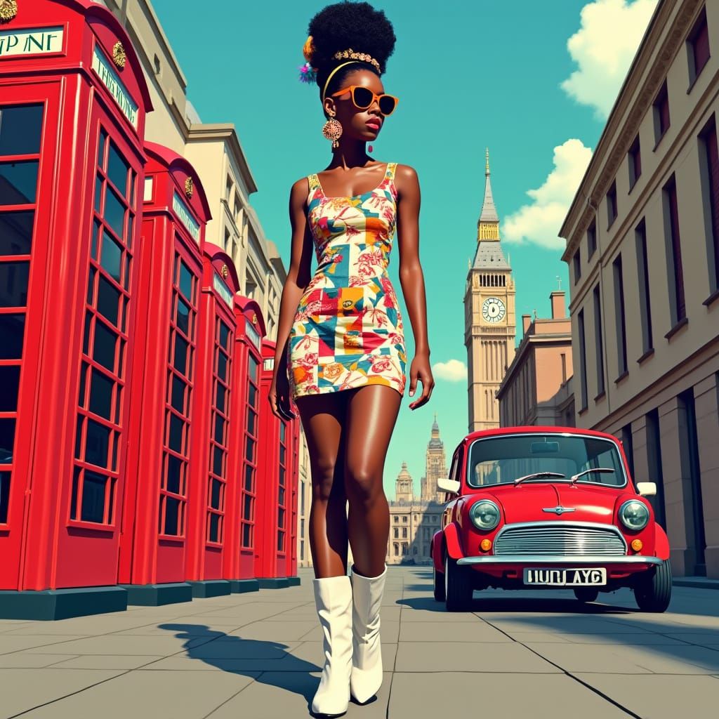 Vibrant Pop Art Illustration: Stylish Woman in 1960s London
