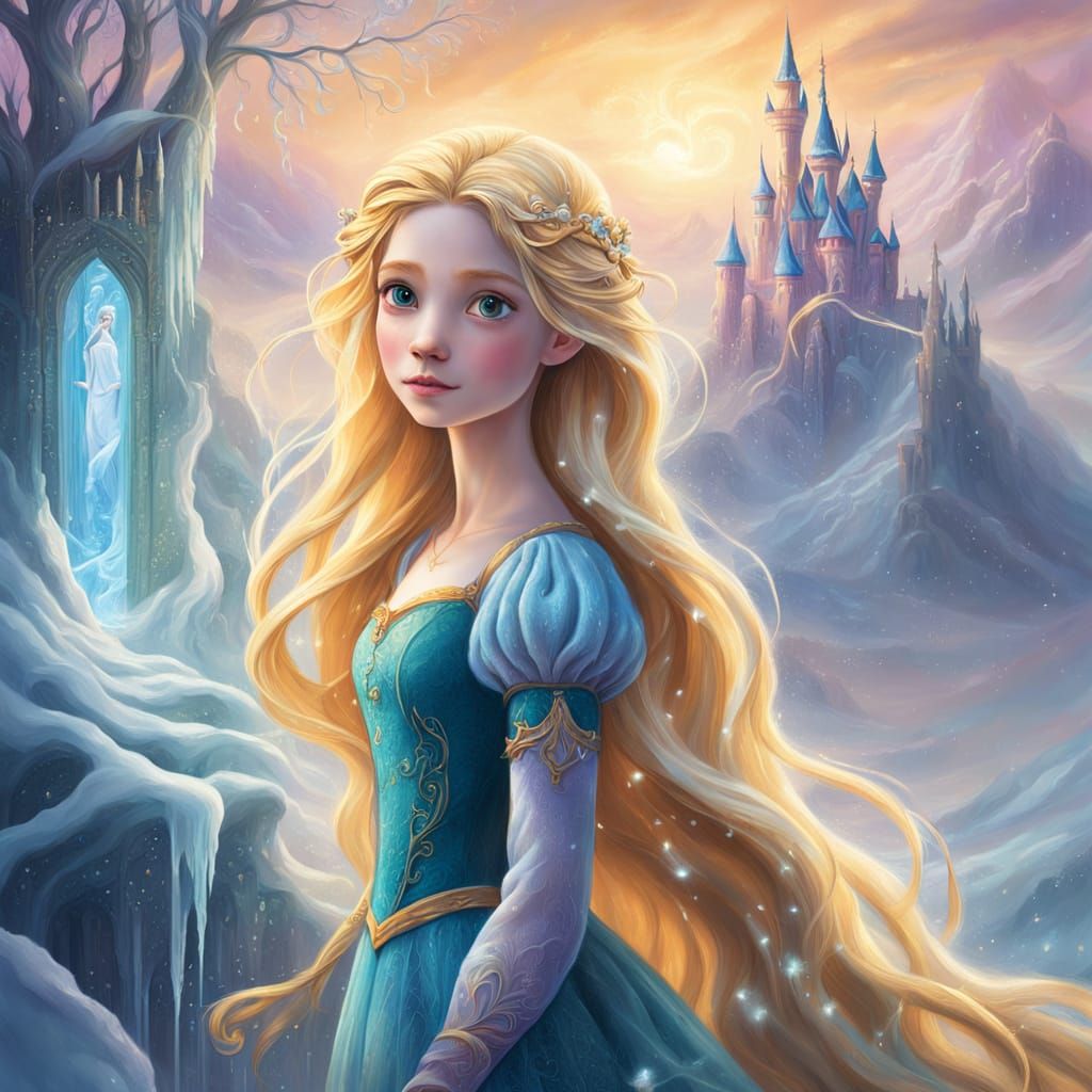 Rapunzel in Frozen Landscape: Oil Painting
