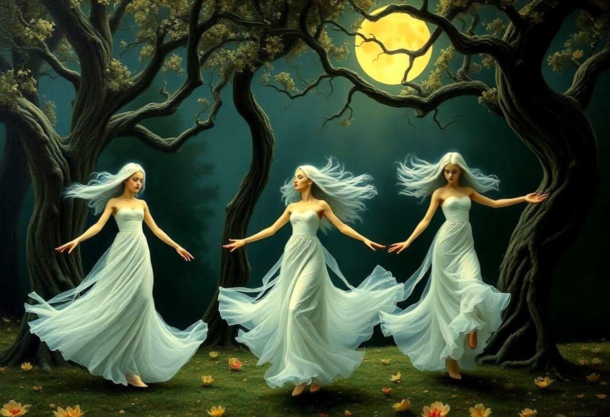 Surreal Samodivi Dance in Moonlit Forest: Dali-esque Oil