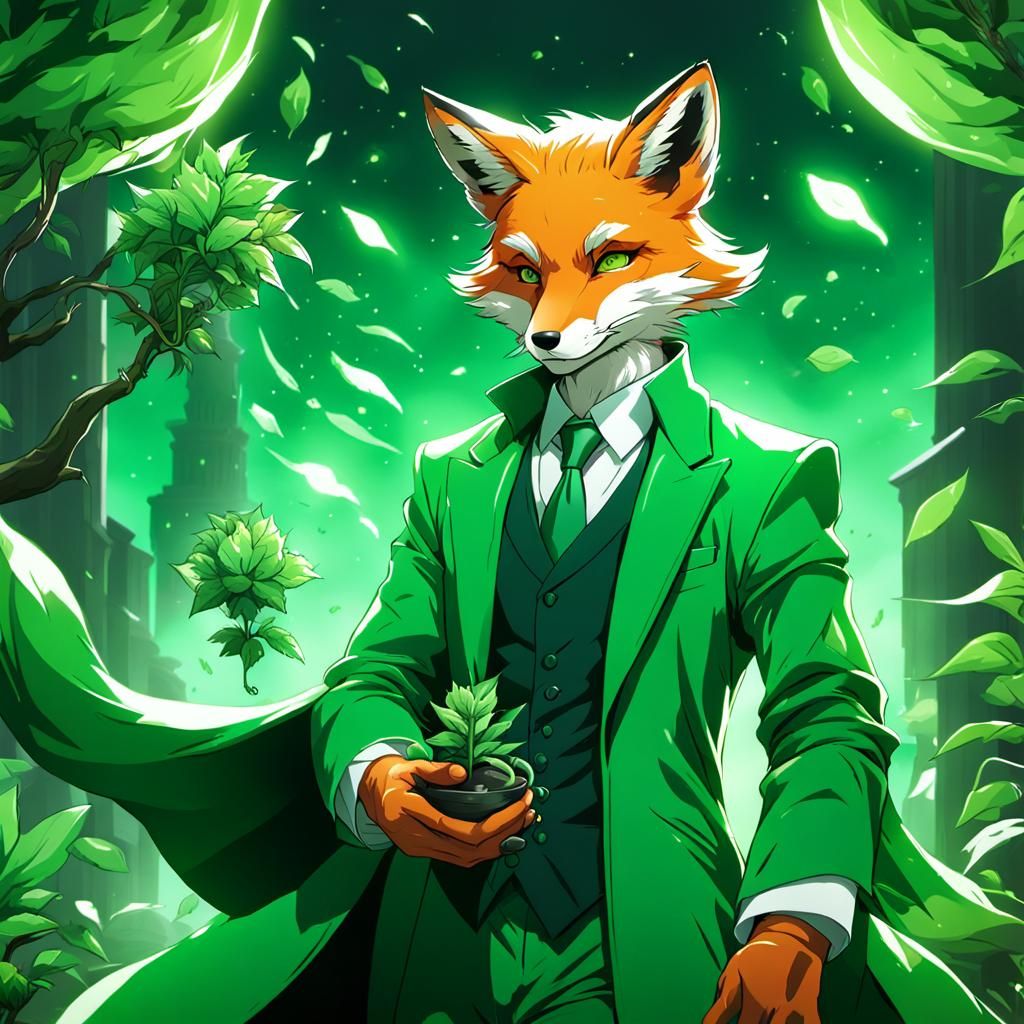 Fox Sorcerer in Green Suit Using Plant Magic