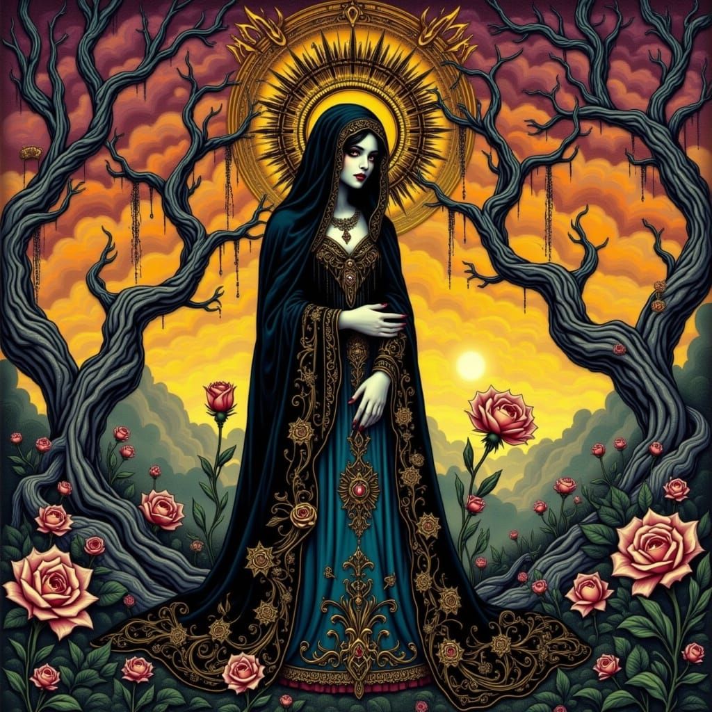 Gothic Holy Woman Amidst Ethereal Forest Dawn