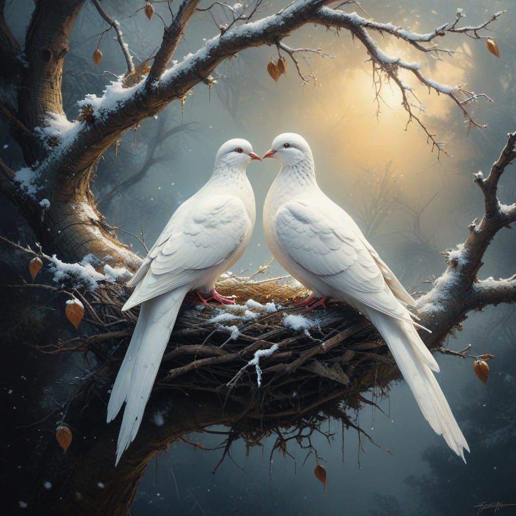 Two White Doves in Snowy Oak Tree Nest