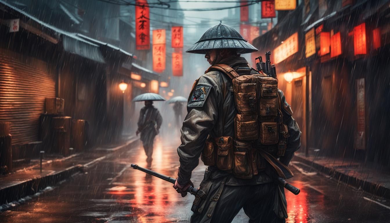 Modern Soldier Samurai Fusion in Rainy Alley