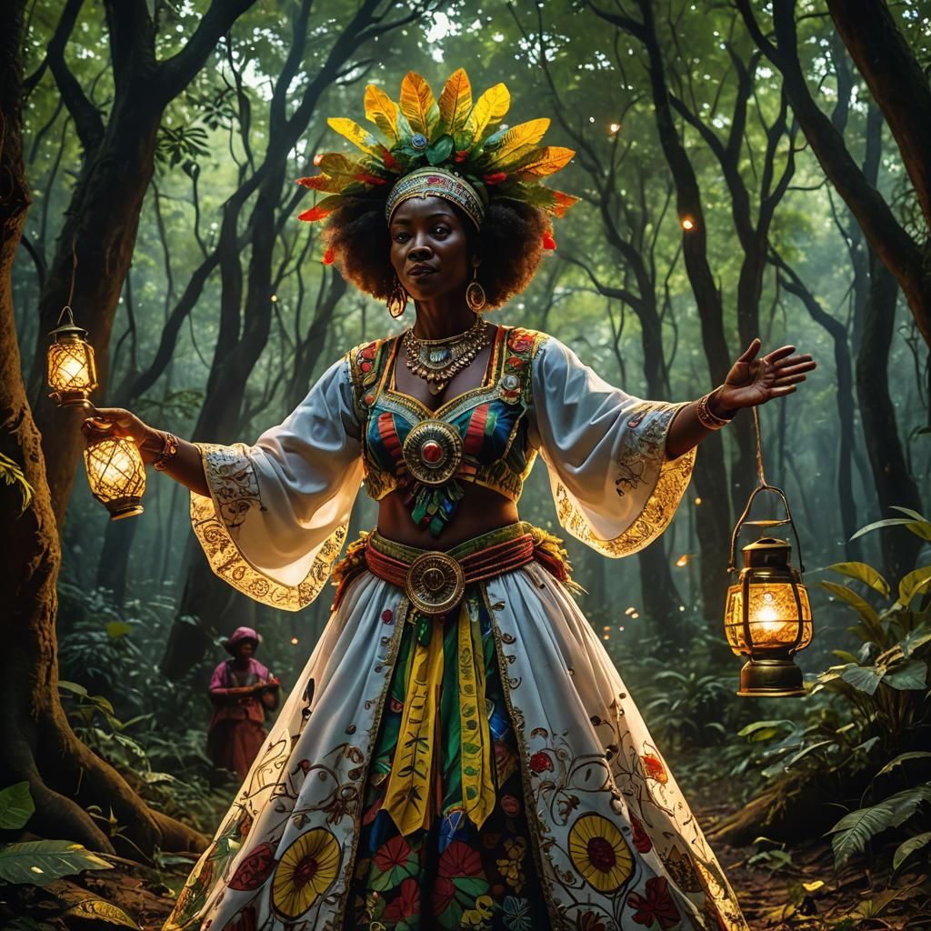 Mystical Gathering of African Exus in Forest Clearing