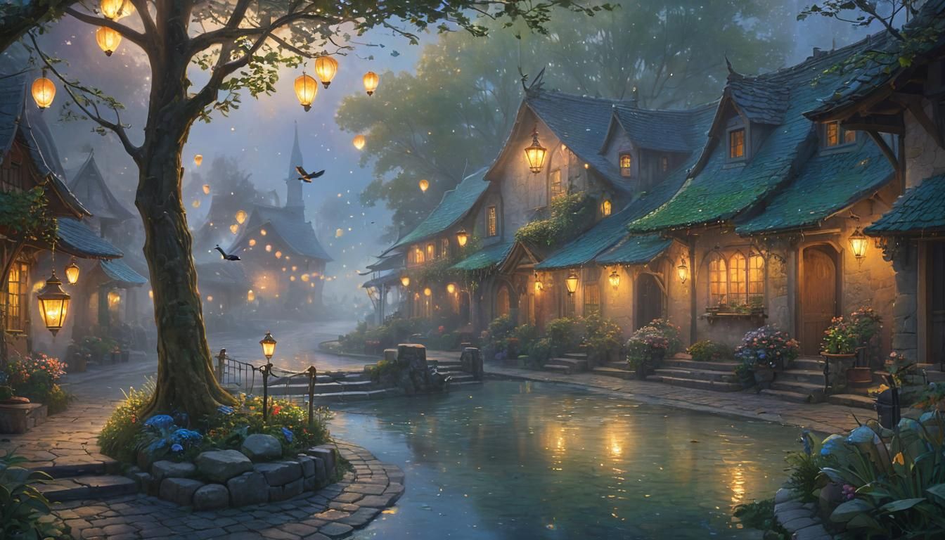 Bird in Magical Village at Sunset, Kinkade Style