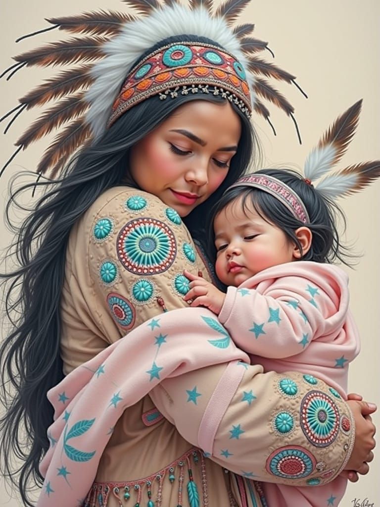 Mother & Child in Traditional Native American Style