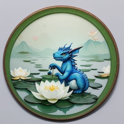 A tiny dragon sitting in a white lotus on the Yangtze River. alcohol ink on silk.