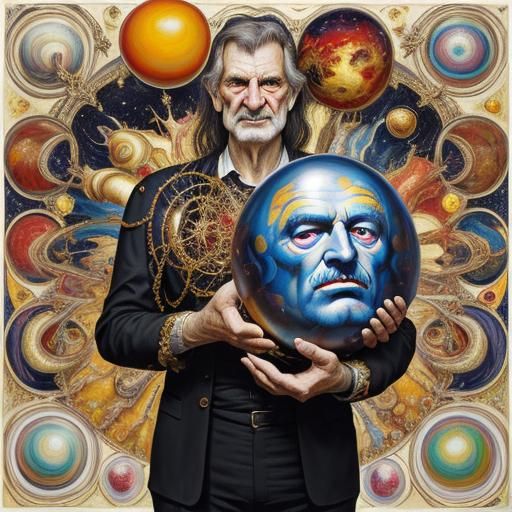 Cosmic Character Holding Cosmos Bubble as Oil Painting