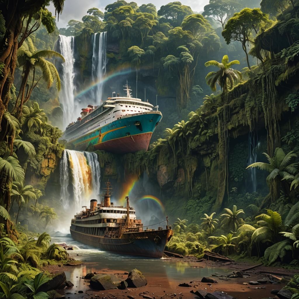 Old rusty overgrown cruse liner ship on ground in rainforest...