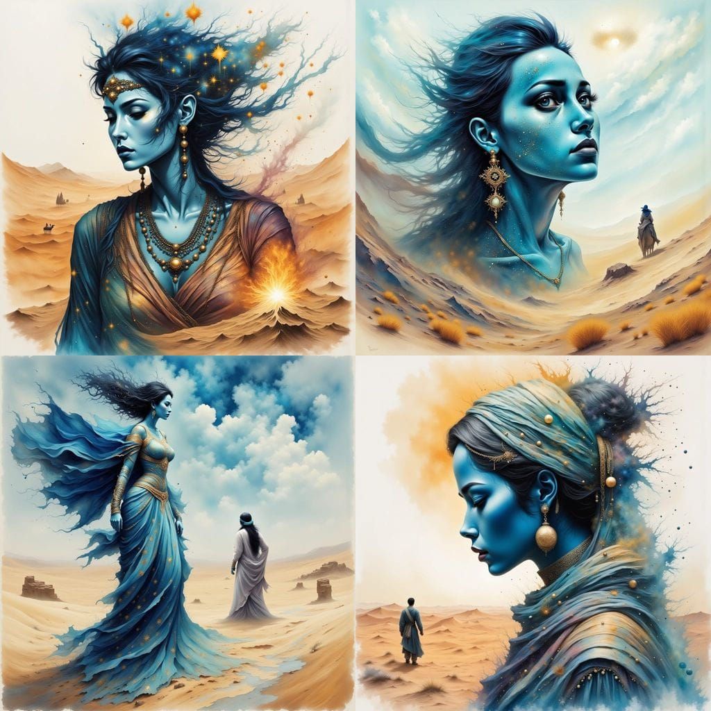 Blue Djinn in Desert Landscape, Watercolor Art