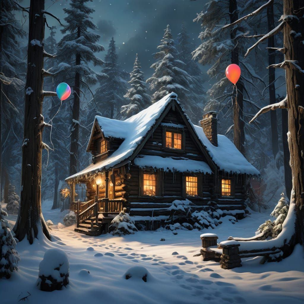 Winter Cabin with Balloons in Matte Painting Style