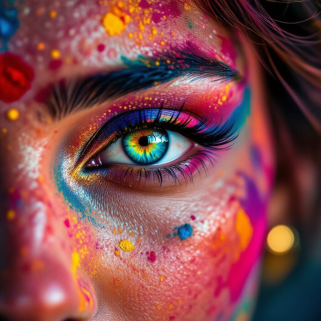Vibrant Holi Powder Portrait: Extreme Close-Up of Blue Eye