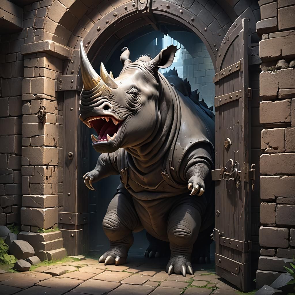 Rhinoceros Bursts Through Dungeon Door in Anime Style