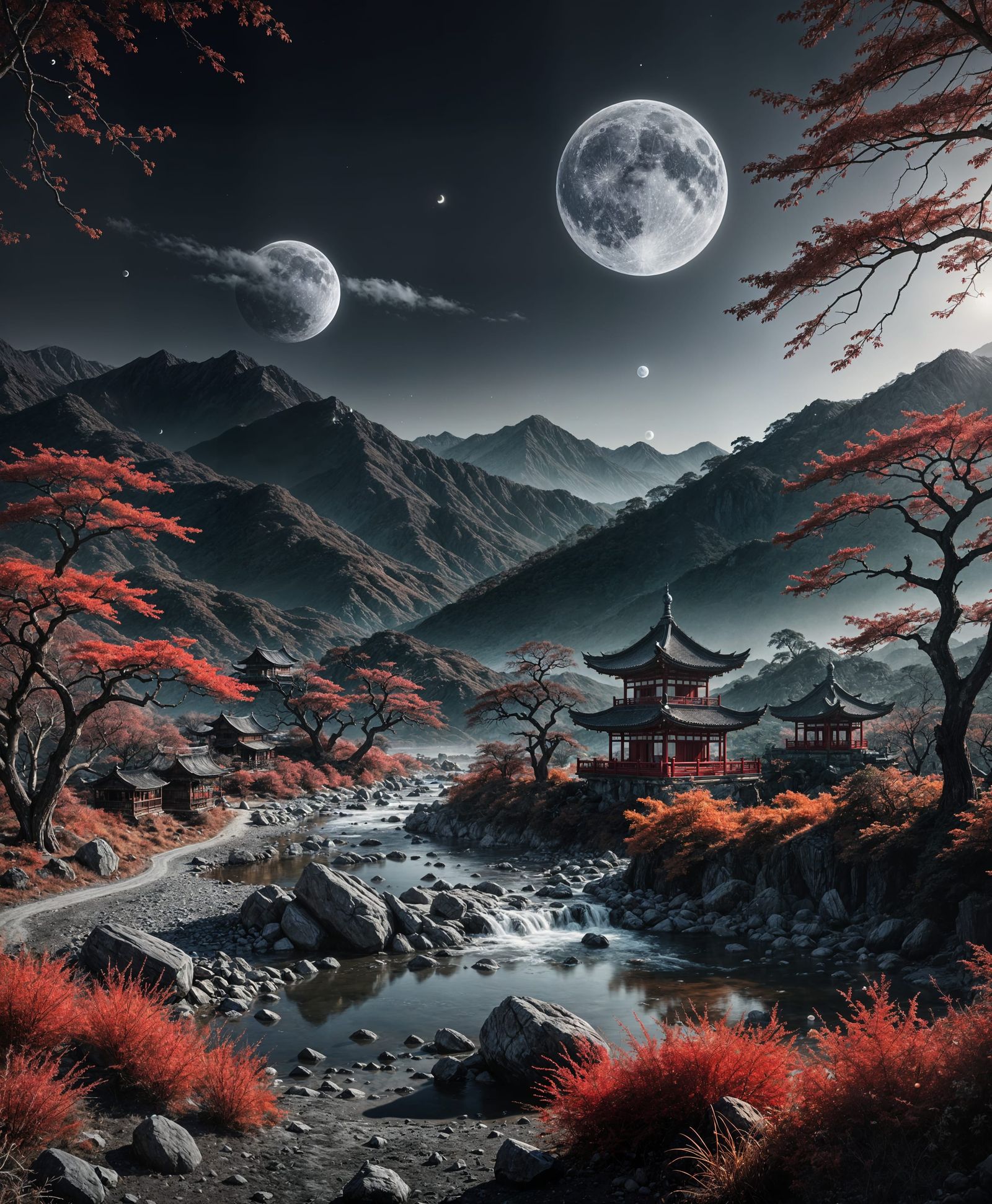 Stunning Asian Landscape in Red, Black, and White