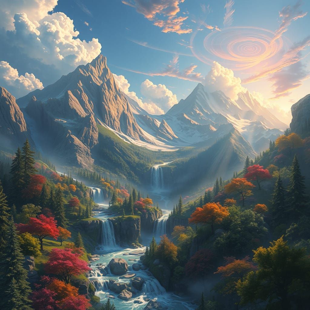 Dreamlike Mountainscape with Majestic Peaks and Waterfalls