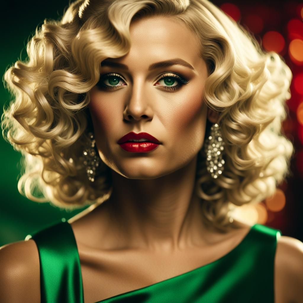 Elegant Blonde in Emerald Dress: Hollywood Glamour