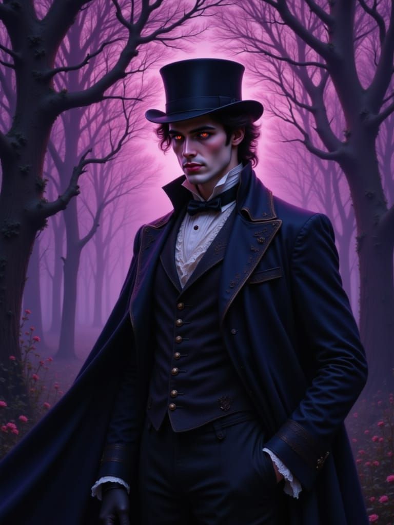 Gothic Vampire in Victorian Attire Under Purple Sky