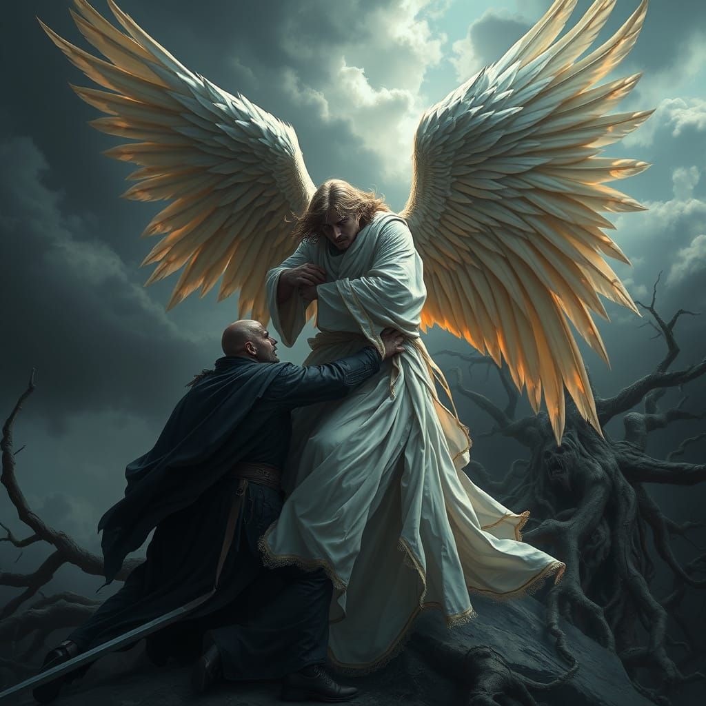 Majestic Angel Battles Dark Warrior in Fantastical Landscape