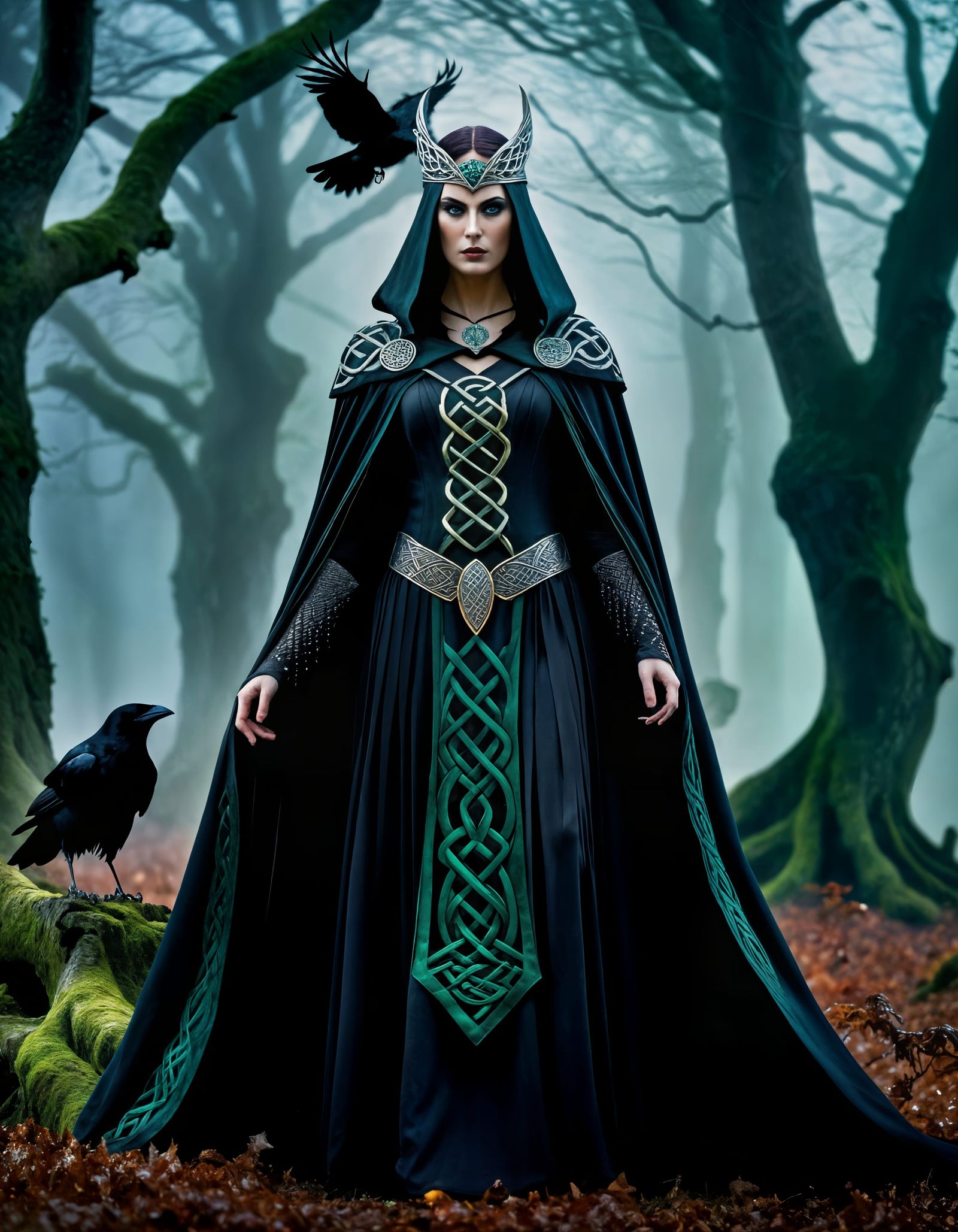 Celtic Goddess Morrigan in Misty Forest